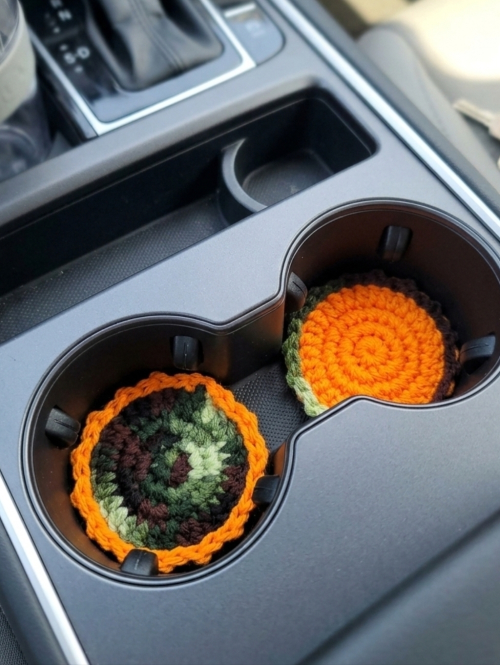 Handmade Crochet Car Cup Holder Coasters - Orange & Camouflage